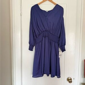 Ophelia Roe Smocked-Waist Long Sleeve Midi Dress in Navy